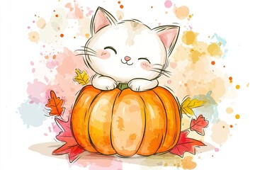 Hand-drawn cute, smiling white cat and a pumpkin,  illustration with watercolor splashes and a background of fall leaves. This clip art set is suitable for t-shirt design graphics