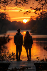Couple on dock watching sunset.
