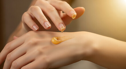 Applying a golden honey gel to the back of the hand