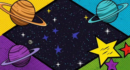 Naklejka premium Colorful Comic Book Space Background with Planets and Stars Retro Universe