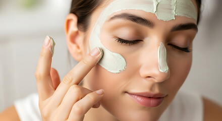 Woman Applying Green Clay Face Mask for Skincare