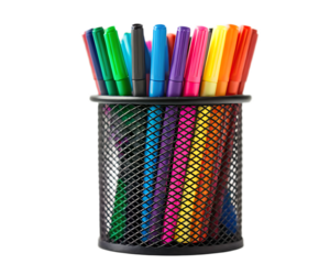 Assorted colored markers in a black wire mesh pencil holder on a black background studio shot