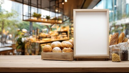 A rustic wooden table displays various baked goods, an empty sign, and jars of ingredients, creating an inviting bakery scene.