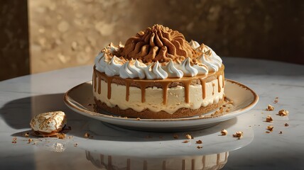 Delicious caramel cheesecake with white meringue and caramel drizzle on a white plate table setting