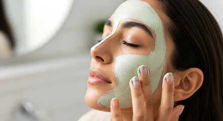 Woman applying facial mask for skincare routine and beauty treatment