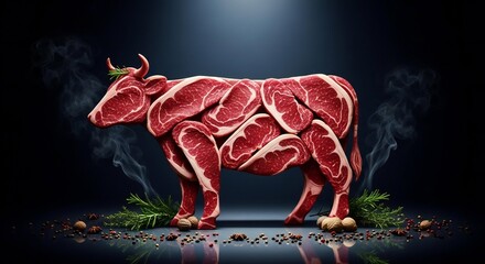 Meat Cow Concept Art: Fresh Beef Cuts Illustration for Butcher Shop