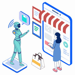 Robot and human interacting with a digital storefront on a large smartphone screen for online shopping