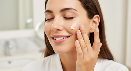 A beautiful woman carefully applying facial cream to her face for skincare treatment and hydration.