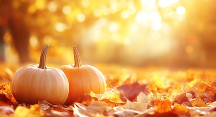 Autumn background with pumpkins and golden leaves in the sunset ligh, Fall season nature background for Halloween or to infuse an autumn mood into designs, Halloween or Thanksgiving concept