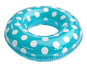 A close up of a blue and white polka dotted inflatable swimming ring on a black background studio shot