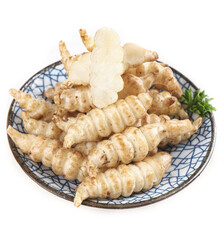 Fresh ground loop pagoda cabbage screw cabbage and stoneworm meal displayed on a plate in a...