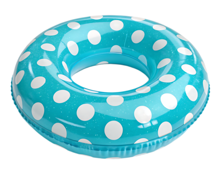 A close up of a blue and white polka dotted inflatable swimming ring on a black background studio shot
