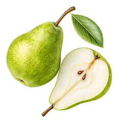 Whole green pear and half pear with leaf isolated on transparent background