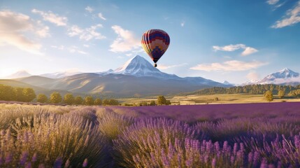 Colorful hot air balloons float through the sky, creating a breathtaking landscape of adventure and flight over mountains