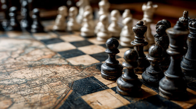 A chessboard arranged in front of an old world map, strategic nature of global trade