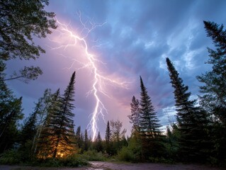 Dramatic lightning strike over forest