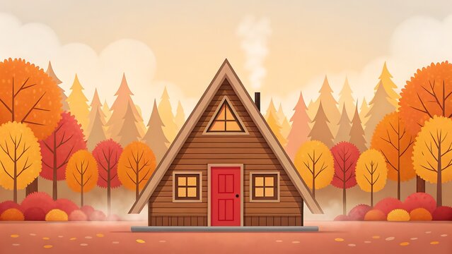 Cozy a frame cabin nestled in a vibrant autumn forest