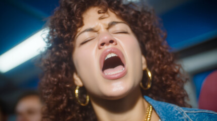 A young woman with curly hair passionately sings on a subway, her mouth wide open and eyes closed. She wears hoop earrings and a denim jacket, surrounded by blurred figures.