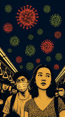 A crowded subway scene features individuals wearing masks, with a young woman in the foreground gazing upwards. Red and green virus illustrations float above, contrasting the dark background.