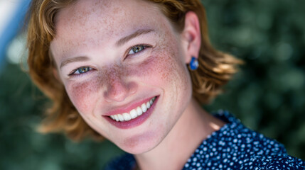 A young woman with short, curly auburn hair and prominent freckles smiles brightly. She wears a blue polka-dot shirt and blue earrings, surrounded by lush green foliage.
