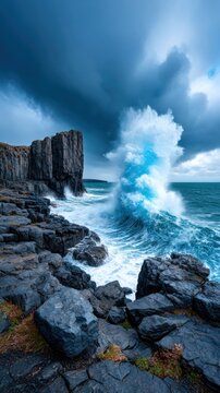Dramatic ocean wave crashing on rocks