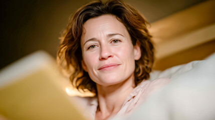 A woman with tousled brown hair smiles softly while holding a book in a softly lit bedroom. The warm tones and gentle shadows create a serene atmosphere.