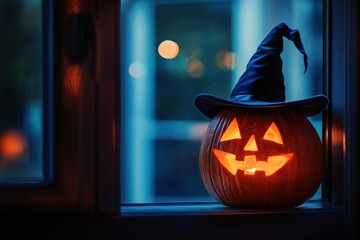 Halloween pumpkin with a glowing face and a witch hat sits on a window sill at night, creating a spooky Halloween concept