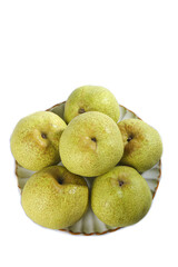 Fresh Dangshan white bottom pears arranged artistically on a decorative plate showcasing their...