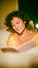 A woman with curly hair sits comfortably in a soft, light-colored chair, absorbed in a book. She wears a yellow top, illuminated by warm, ambient light.