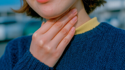 A close-up of a woman's hand gently resting on her neck, showcasing smooth skin. She wears a blue sweater with a yellow collar, set against a blurred background.