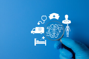 A concept of Artificial Intelligence (AI) in healthcare,Digital health and medical technology (MedTech) innovation.,A doctor's hand  focus on an AI-powered system for improving the entire healthcare.