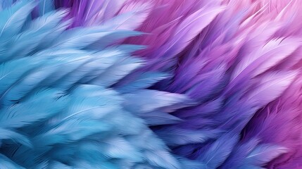 A close-up of soft, colorful feathers in shades of blue, purple, and pink creates a fluffy texture and beautiful natural pattern