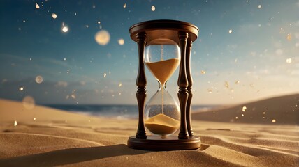 Golden Sands of Time: A Cinematic Hourglass in Motion for use in motivational presentations, time management workshops, or concept art for storytelling around patience, process, or life’s journey
