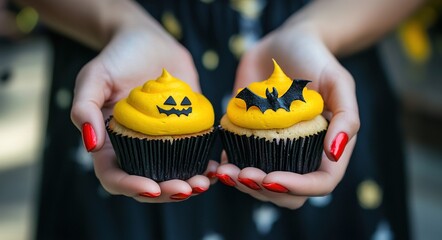 Close-up of hands holding two Halloween cupcakes with yellow frosting and bat or toad faces, red nails