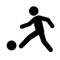 A black silhouette of a figure kicking a soccer ball on a white background.