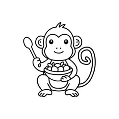Monkey lifting a bowl of fruit with spoon