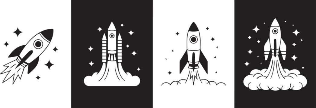 Black and white illustrations of rockets in space stars