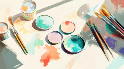 Obraz premium Colorful Art Supplies Still Life with Paintbrushes and Watercolor