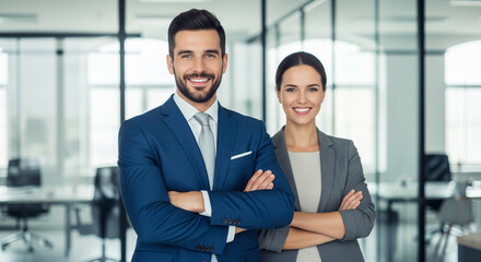Smiling business professionals standing confidently in a bright, contemporary office setting, symbolizing collaboration and ambition