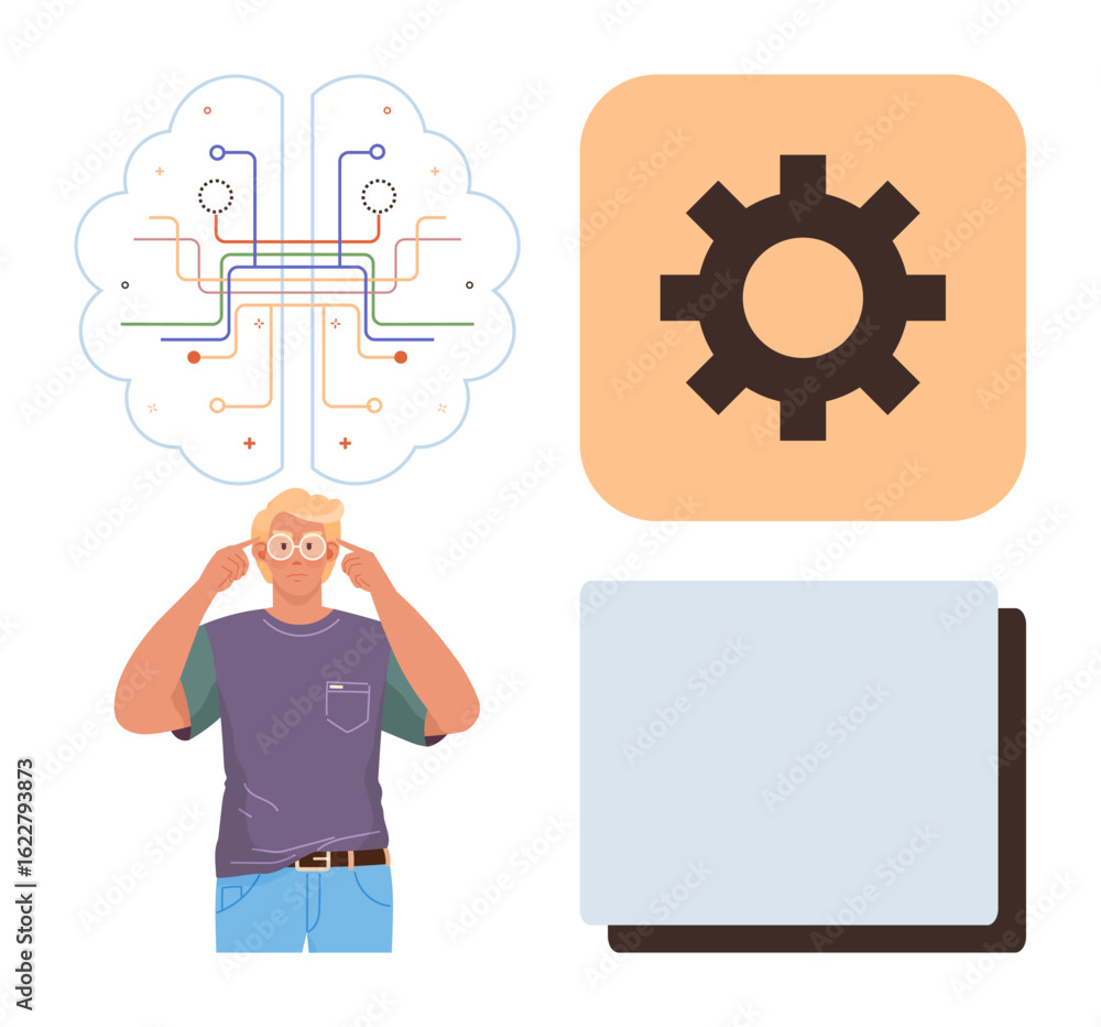 Poster man in casual clothes touching glasses, digital brain with connected nodes, gear for functionality. 