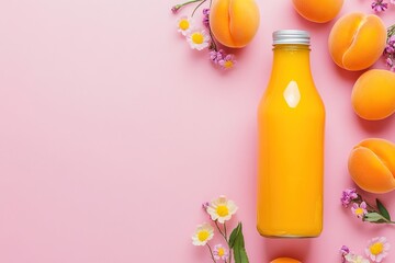Flat lay of a bottle with peach juice on a pastel pink background, surrounded by fresh peaches and flowers. Free space for text, copy space, High quality.