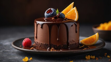 A chocolate cake with chocolate glaze and fruit toppings on a dark plate in a dark environment
