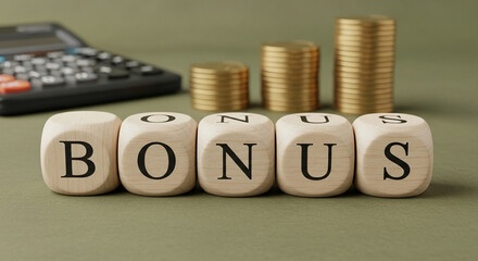 Wooden cubes spelling "BONUS", near stacks of coins and a calculator, representing financial reward or incentive