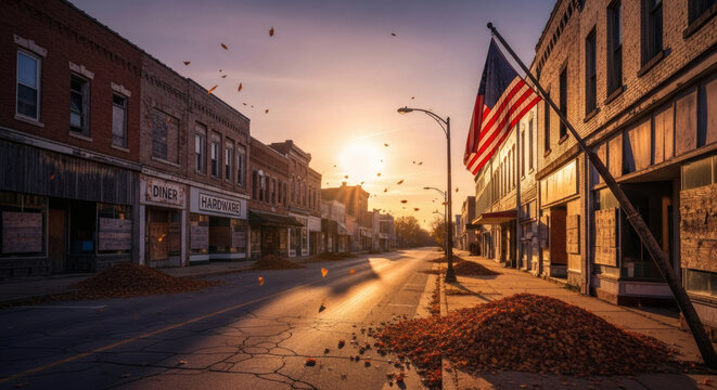 Golden hour sunlight over a deserted main street in a forgotten small American town with blowing autumn leaves. - Powered by Adobe