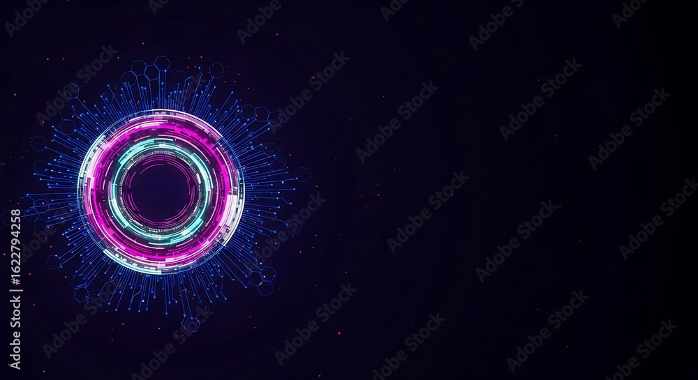 Poster abstract futuristic technology background: neon circular design with hexagon network and copy space.