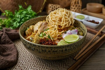 Northern thai curry Noodles with chicken on white background , Thai called  khao soi kai ,Northern food of thailand