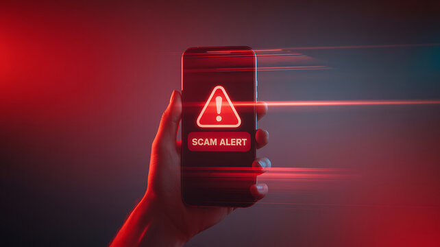 Smartphone displays warning sign with scam alert notification