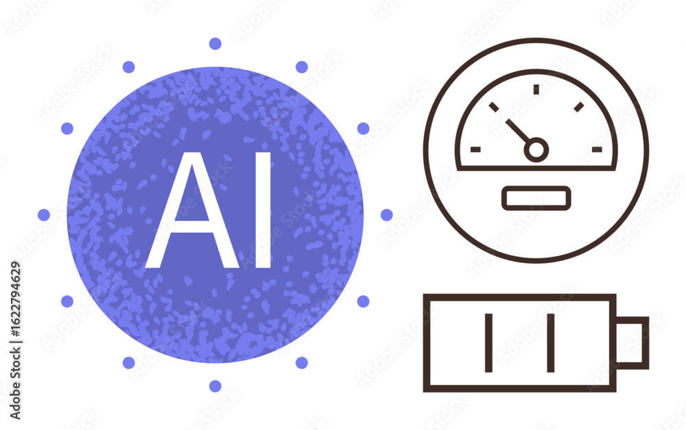 Poster ai symbol with dotted background next to a speedometer and battery icon. ideal for energy efficiency