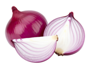 Whole Red Onion with Half Cut Showing Inner Rings, Front Angle, Isolated on White PNG