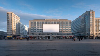 White billboard at Berlin Alexanderplatz with people walking through central square in sunny daylight city scene